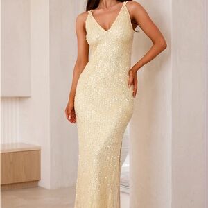 “Shimmering Allure” Sparkly Yellow Hello Molly Maxi Dress